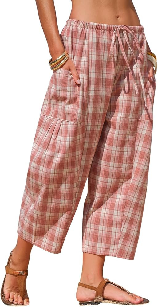 EXLURA Womens Cotton Faux Linen Gingham Barrel Capri Pants Plaid Palazzo Trousers Harem Pants Poc... | Amazon (US)
