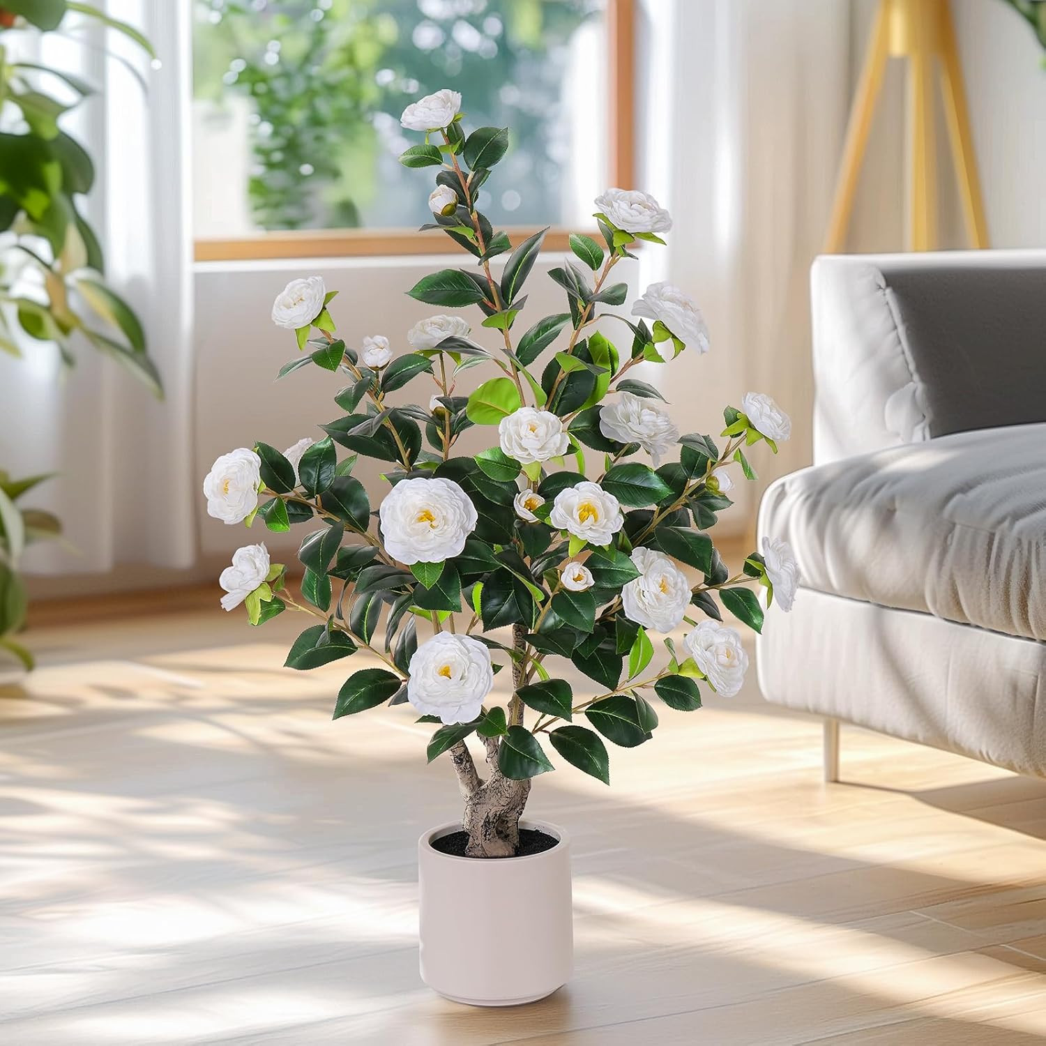 2 pcs Pack Artificial Camellia Tree with White Planter - 39 inch Tall Fake Tree,3.2 Ft Artificial... | Amazon (US)