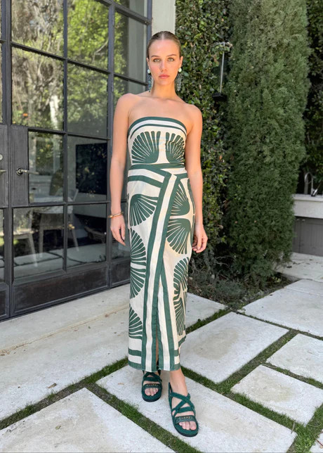 Yasmine Palm Leaf Printed Strapless Wrap Midi Dress - Green and Cream | Benaar La