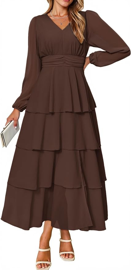 BerryGo Womens Flowy Maxi Dress Chiffon Long Sleeve Slit V Neck Casual Ruffle Tiered Boho Fall We... | Amazon (US)
