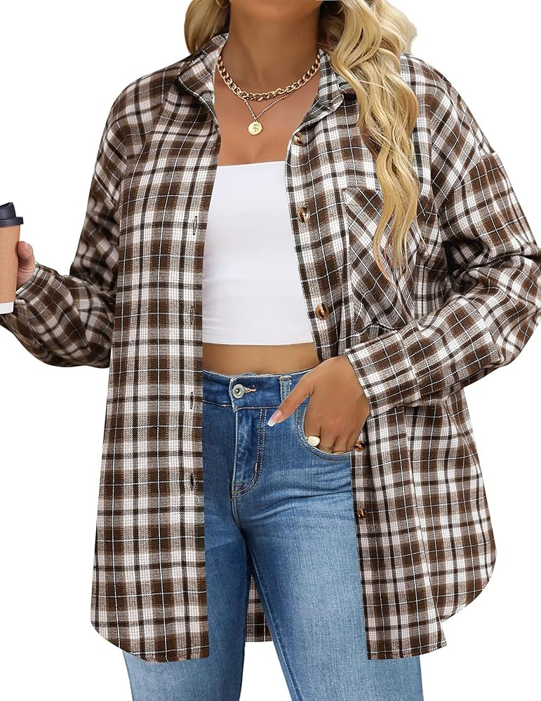 IN'VOLAND Womens Plus Size Flannel Plaid Shirts Roll Up Long Sleeve Casual Collared Button Down S... | Amazon (US)