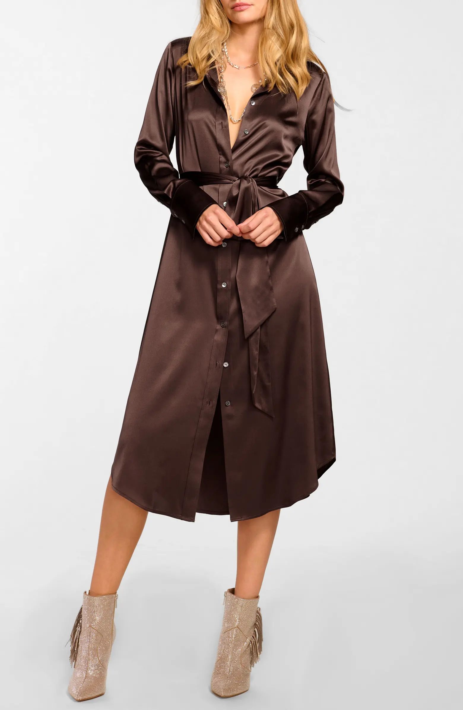 Ramy Brook Victoria Tie Waist Long Sleeve Silk Blend Shirtdress | Nordstrom | Nordstrom