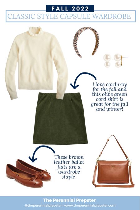 Classic Style Fall Outfit / fall style / green corduroy skirt, brown leather ballet flats, cream turtleneck sweater / houndstooth headband / double pearl earrings / leather tote bag / preppy style / timeless style / city style 

#LTKstyletip #LTKSeasonal
