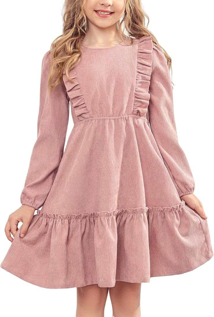 Arshiner Girls Dresses Casual A-line Ruffled Button Long Sleeve Corduroy Swing Dress | Amazon (US)