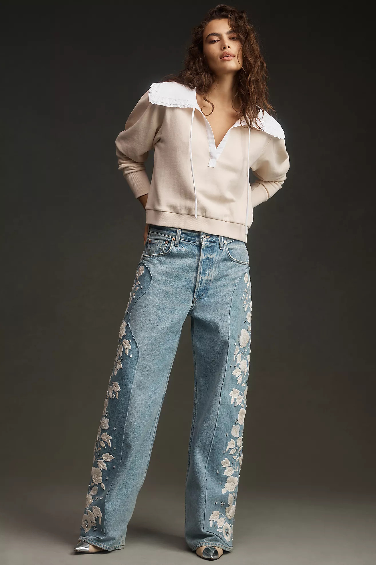 By Anthropologie Poplin-Collar V-Neck Sweatshirt | Anthropologie (US)