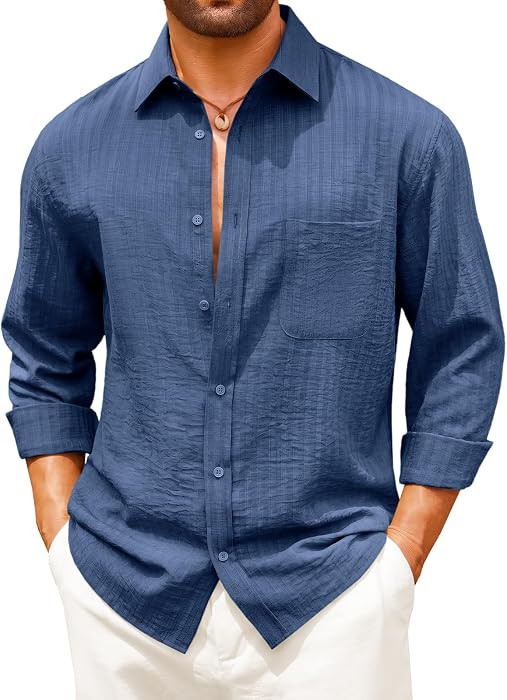 Runcati Mens Button Down Shirts Long Sleeve Casual Textured Shirt Linen Cotton Beach Hippie Tops ... | Amazon (US)
