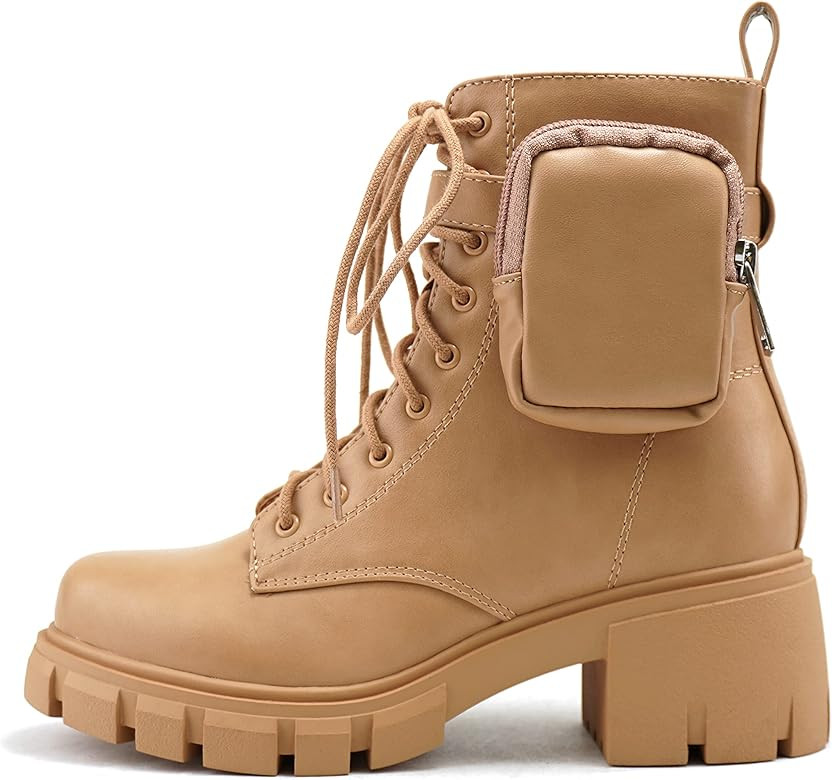 SODA BREACH ~ Women Lug Sole Mid Shaft Chunky Heel Fashion Combat Lace up Bootie W/Side Zipper & Pou | Amazon (US)