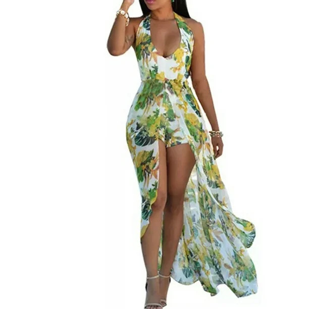 Maxi Dresses Beach Boho Sleeveless Halter Backless Floral Print Long Party Dress for Women Romper... | Walmart (US)