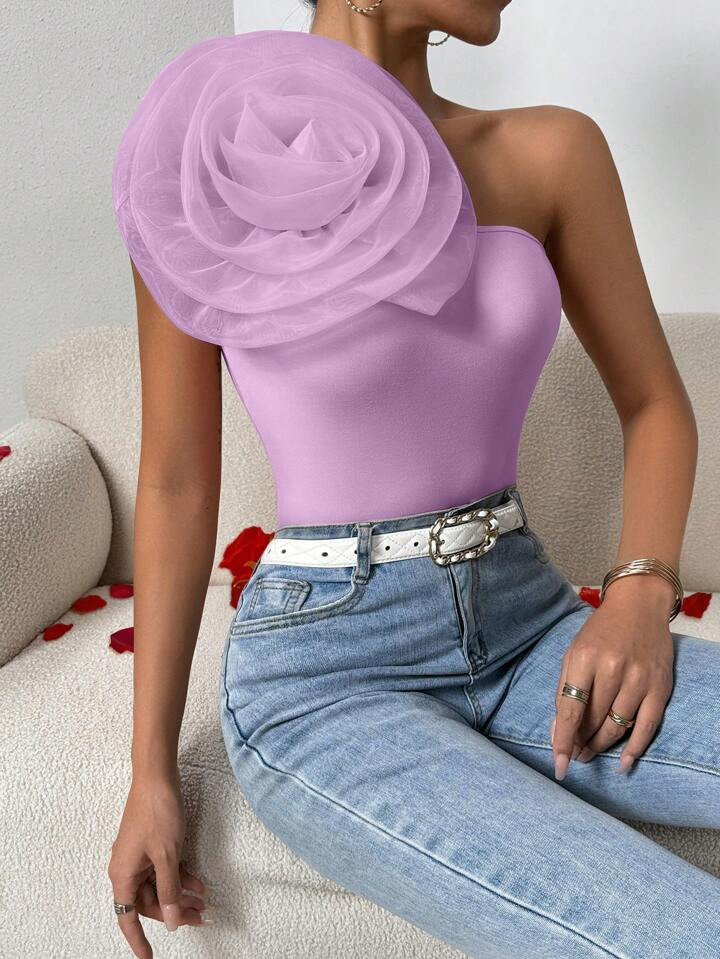 SHEIN Privé Women's Exaggerated 3d Flower Decor Cold-Shoulder Top | SHEIN