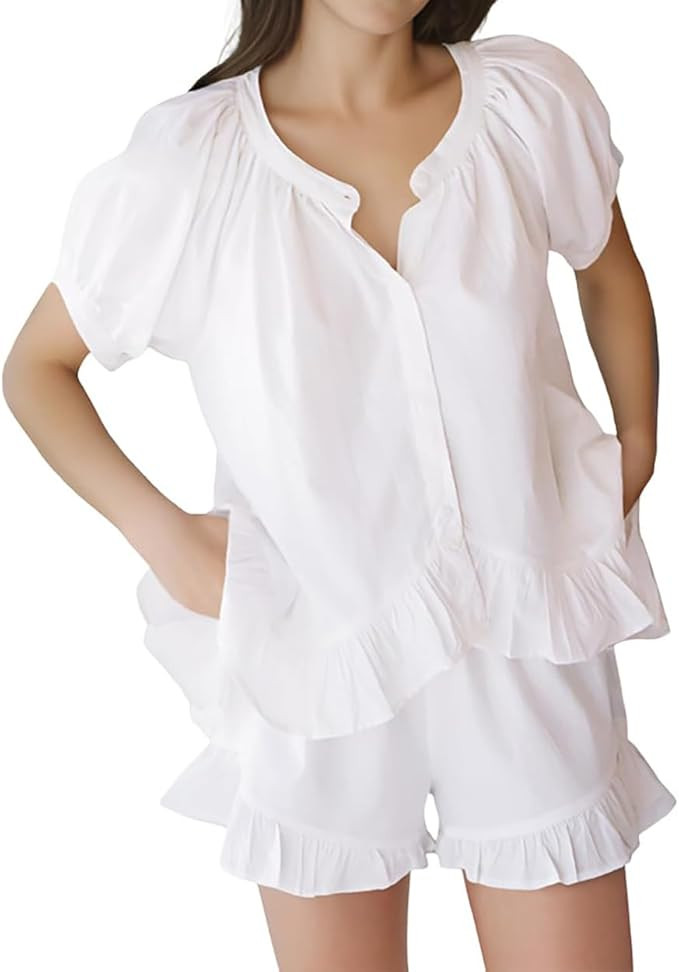 Womens Fashion Summer Short Sets Short Sleeve Button Down Ruffle Trim Top and Shorts Cotton Pajam... | Amazon (US)