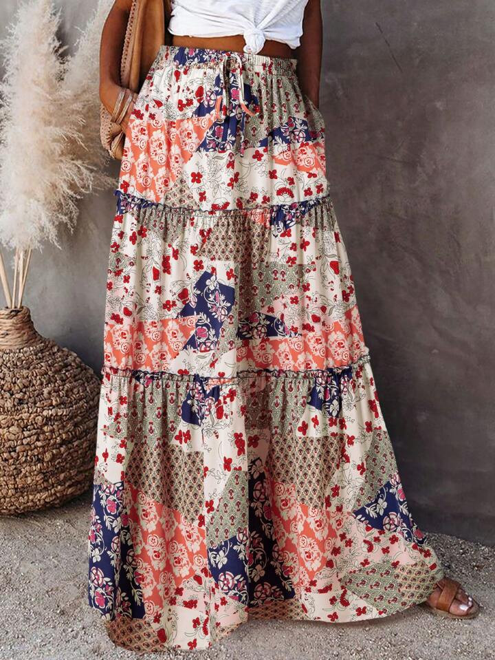 Boho Floral Print Long Elastic Waist A Line Skirt With Pockets | SHEIN