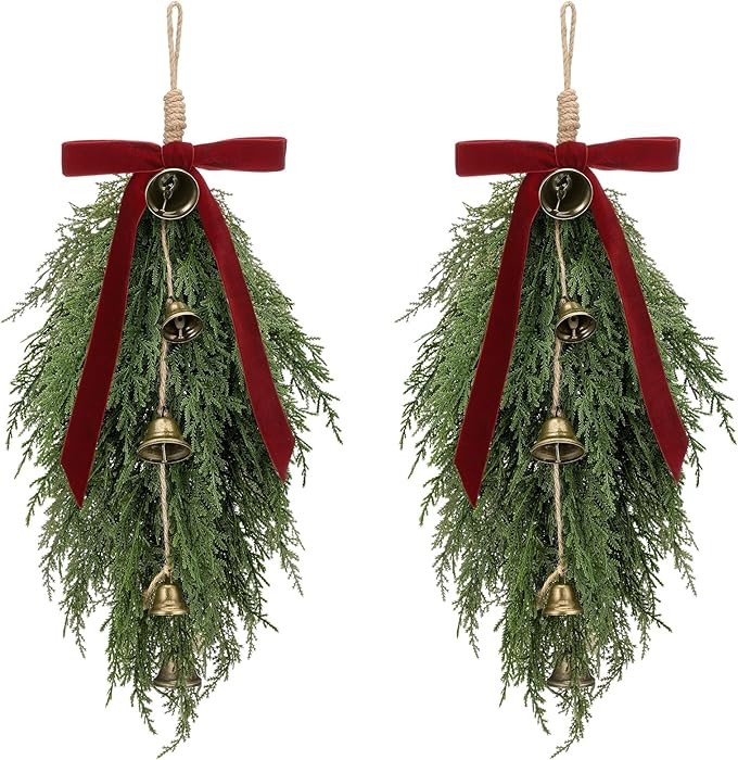 Shihanee 2 Pack Christmas Greenery Cedar Teardrop Swag with Velvet Ribbon Bow and Rustic Vintage ... | Amazon (US)
