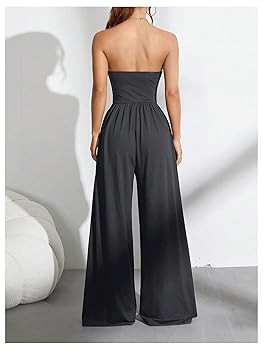 OYOANGLE Women's Strapless Jumpsuits Ruched Wide Leg Long Pants Romper | Amazon (US)