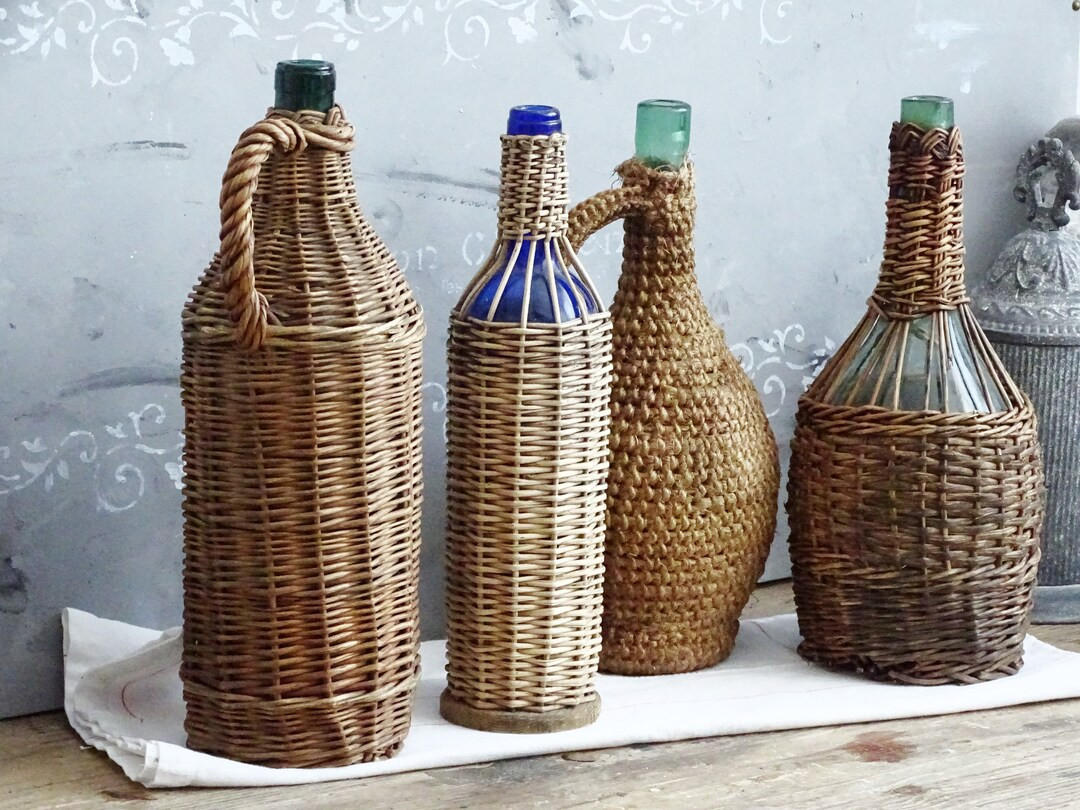 European Wicker Demijohn, Old Woven Basket Wrapp Demijohn, Green Blue Glass Bottle, Carboy, Wine ... | Etsy (US)