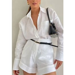 Casual Patch Pocket Buttoned Shirt and Shorts in White for Urban Daily Wear & Coffee Runs | Chicwish