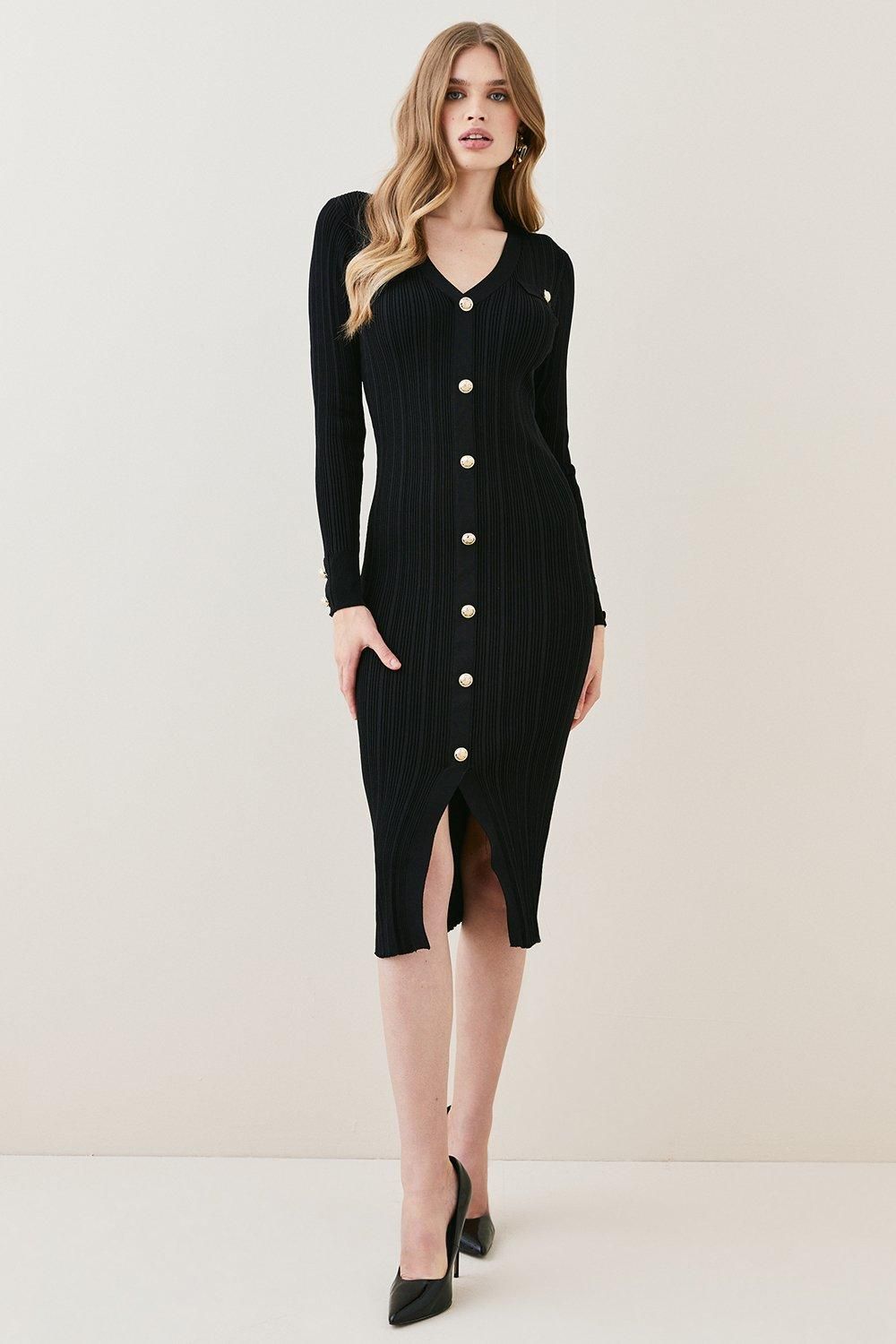 Military Button Detail V Neck Knitted Midi Dress | Karen Millen US