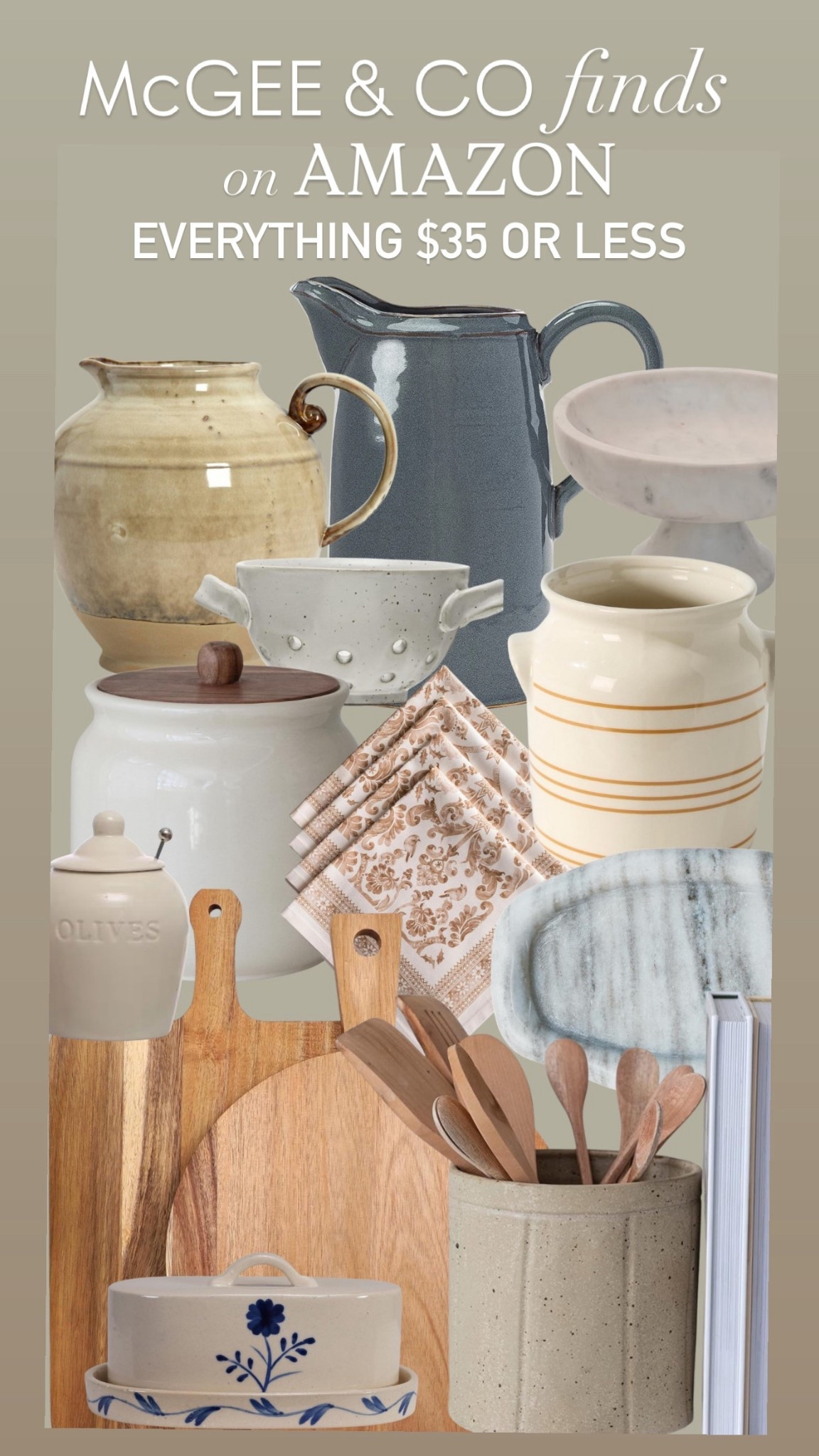 McGee & co dupes | McGee & co inspired decor | kitchen decor | warm neutrals | McGee & co kitchen | amazon kitchen decor | kitchen counter styling | stoneware | utensil crock | bread board | vintage cutting board | marble | ceramic | warm wood tones | earth tones 

#LTKFindsUnder100 #LTKFindsUnder50 #LTKHome