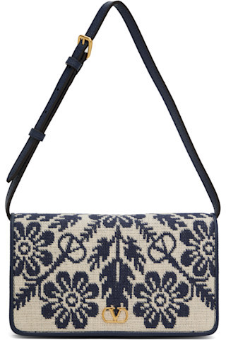 Valentino Garavani - Beige & Navy VLogo Signature Jacquard Flowers Bag | SSENSE