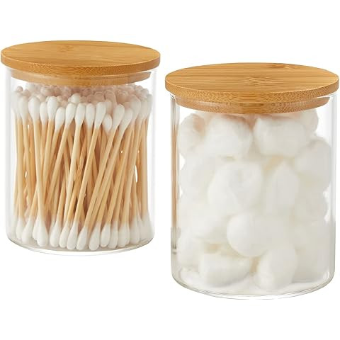 Irenare 2 Pack Glass Jars with Bamboo Lids Bathroom Canisters Apothecary Jars Set Cotton Ball Hol... | Amazon (US)
