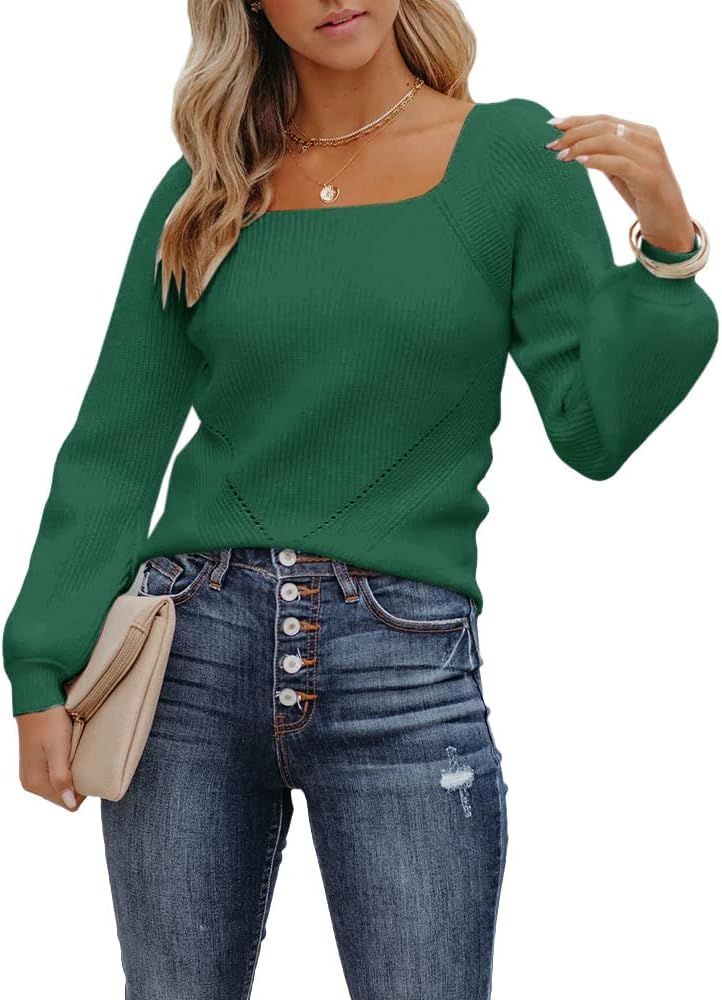 Sovelen Women's Casual Square Neck Ribbed Knit Sweaters Long Puff Sleeve Loose Fit Pullover Sweater  | Amazon (US)