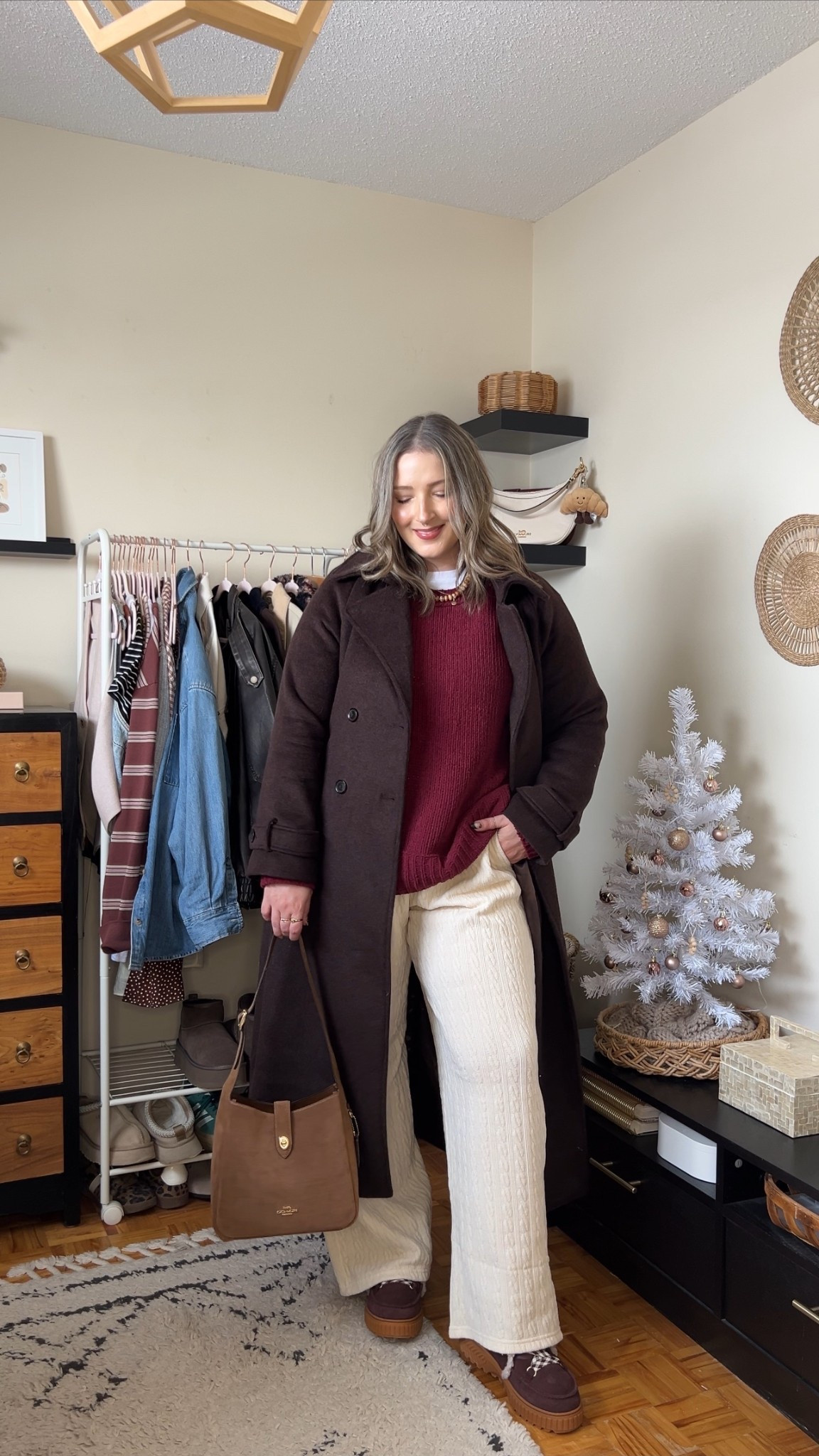 Comfy winter outfit! Cream cable knit wide leg lounge pants, wearing my usual size L. Also wearing L in the softest burgundy chenille sweater. I love the high neck on this white tee for layering! Wearing L. This chocolate brown wool trench coat is such a good winter staple piece, wearing L. My Sorel snow boots are waterproof and so warm! Consider sizing up if you plan to wear thick socks


#LTKwinter #LTKsale #LTKmidsize