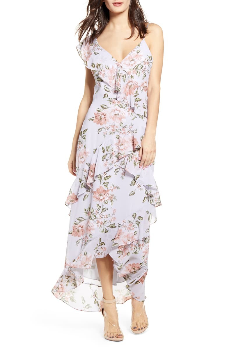 Morgana Floral Tiered Ruffle Asymmetrical Sleeve Maxi Dress | Nordstrom