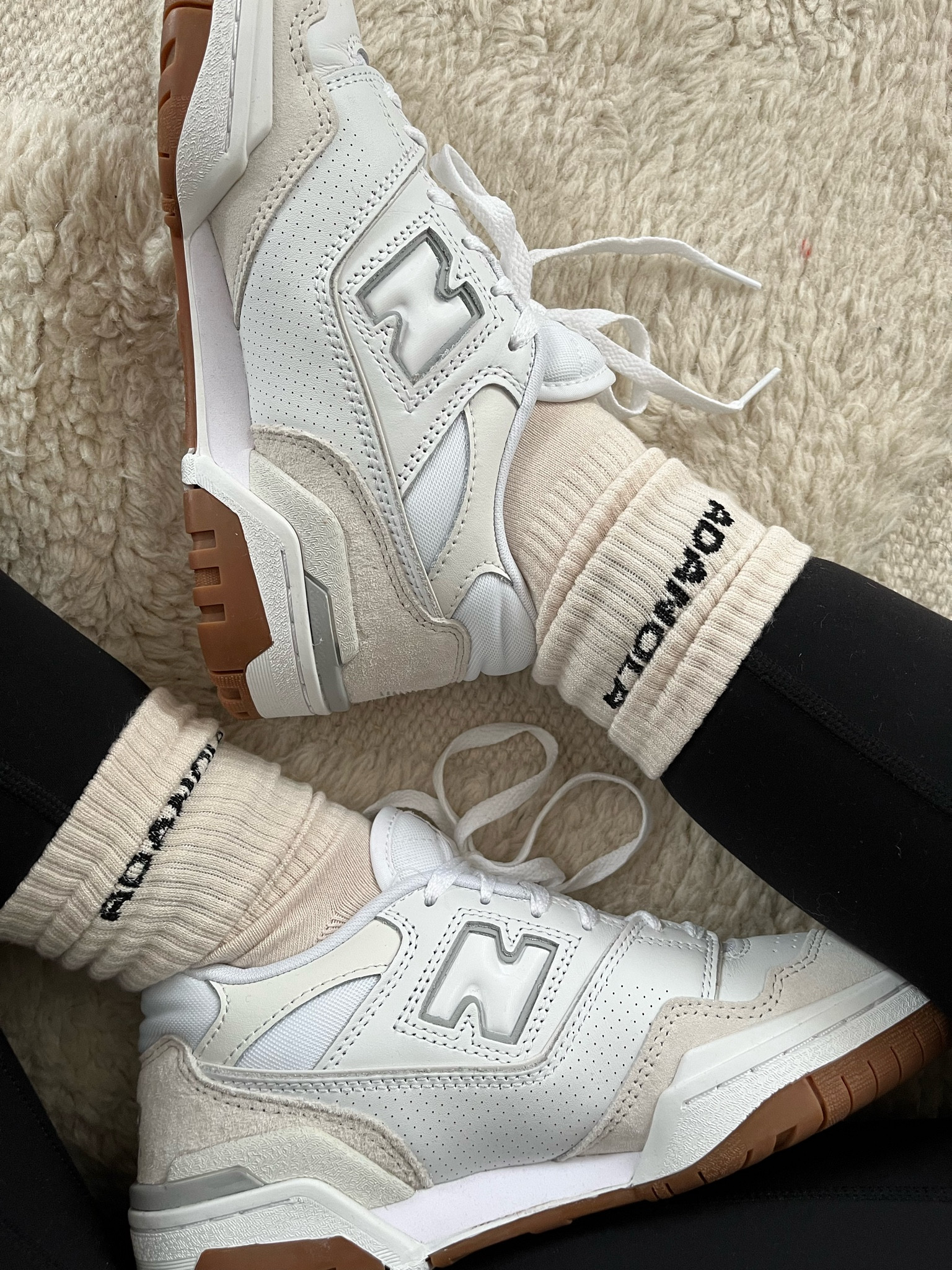 BACK IN STOCK w/ New Balance ✨ The New Balance 550 in white with gum sole. I went for a neutral choice… obviously!
New Balance | 550s | Trainers | Sneakers | Neutrals | White trainers | Cult trainers | Sweaty Betty | Black leggings | Black coat Mango | Adanola socks | Loungewear | WFH outfit |  White with moonbeam 

#LTKshoecrush #LTKstyletip #LTKfitness