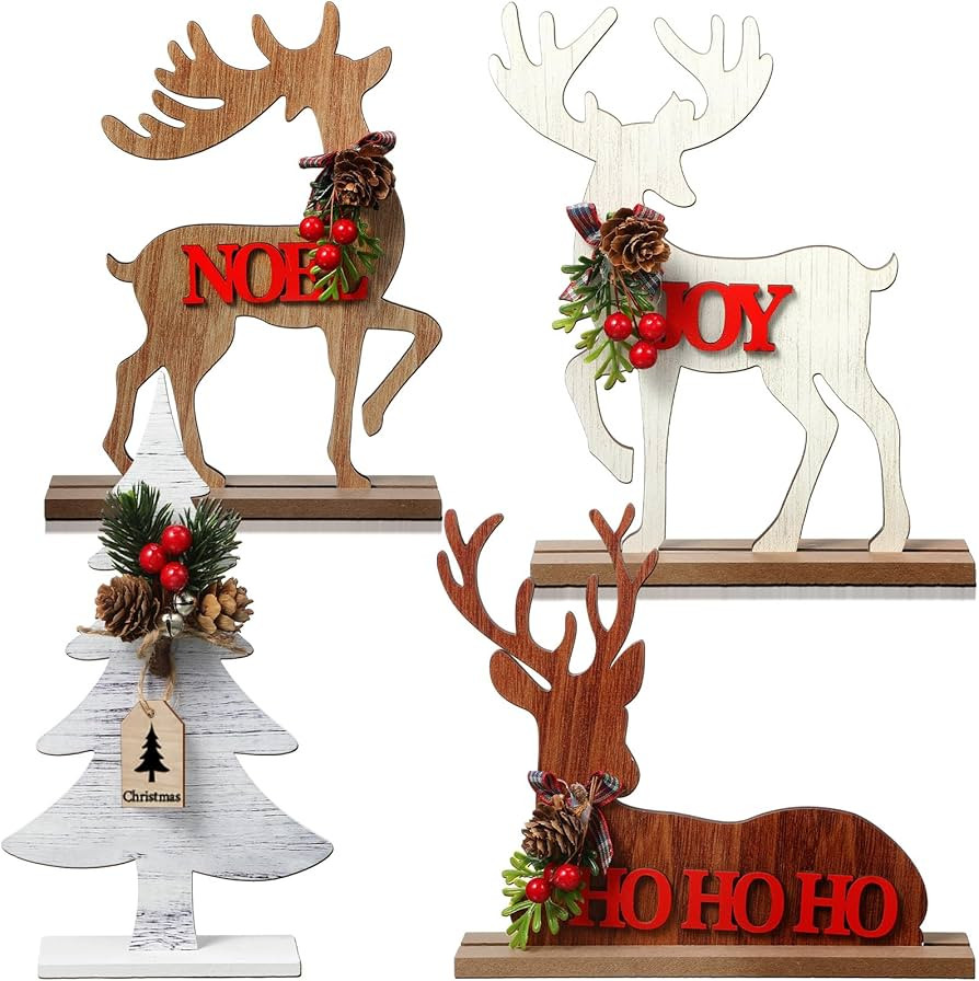 Capoda 4 Pieces Christmas Wooden Table Decorations 3 Reindeer Tabletop Decor 1 Christmas Tree Tab... | Amazon (US)