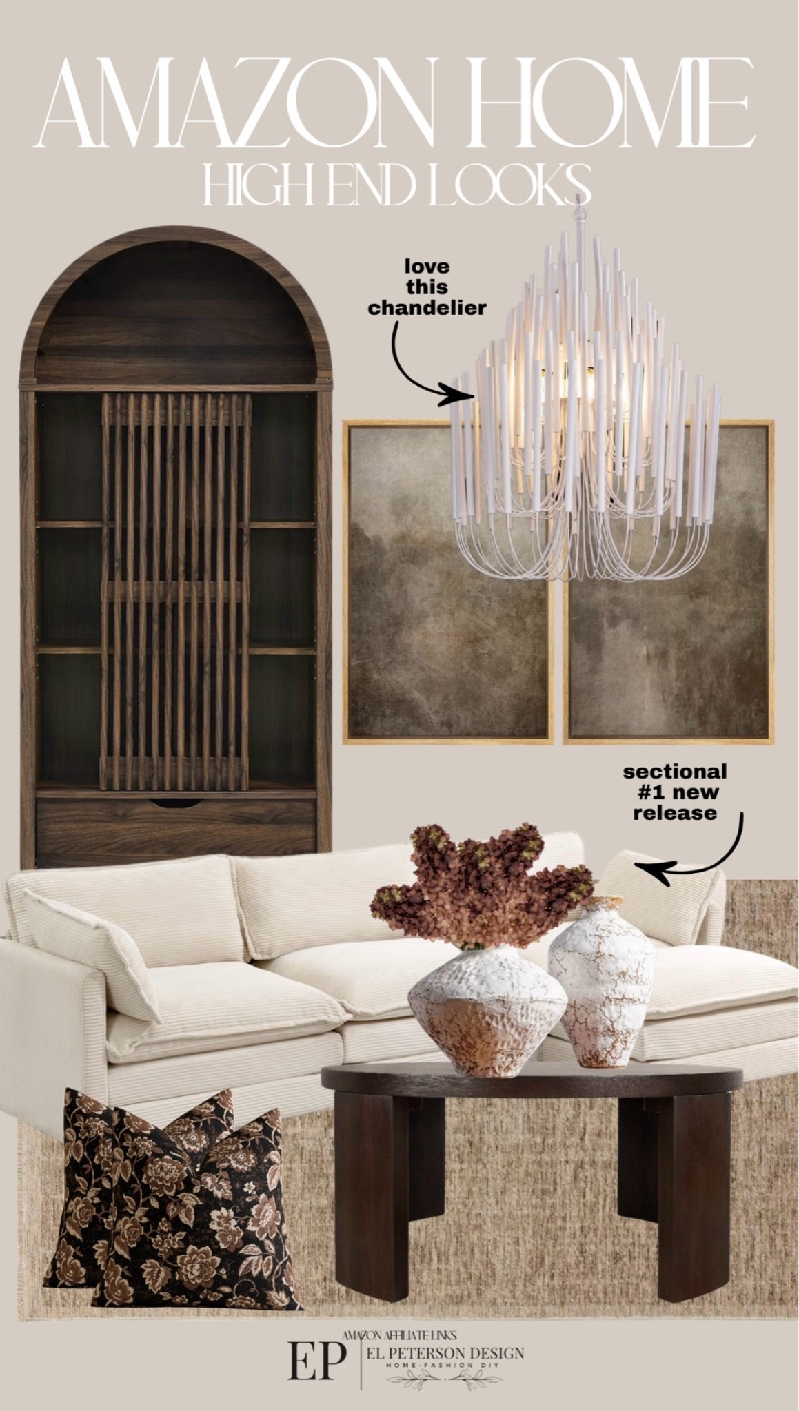 Amazon
Tall arch cabinet
Chandelier 
Vases
Sectional
Coffee Table
Artwork
Pillows 
Stems 
Coffee table

#LTKHome