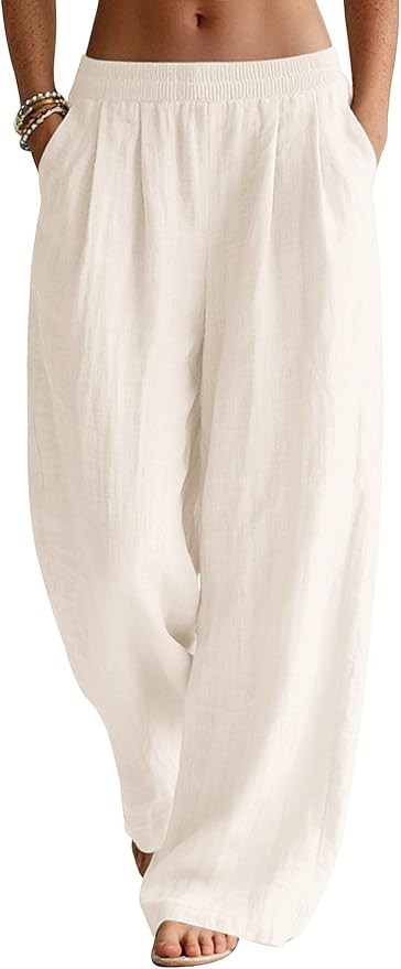 LOMON Linen Pants Women Wide Leg Palazzo Summer Flowy Pants Beach Vacation Clothes Elastic Waist ... | Amazon (US)