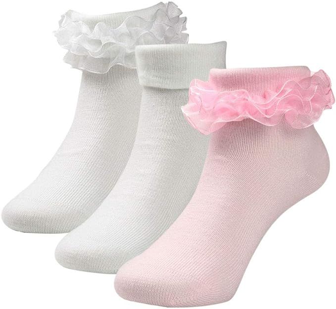 COTTON DAY Kids Girls Frilly Lace Ruffle Dress Socks Pack of 3 | Amazon (US)
