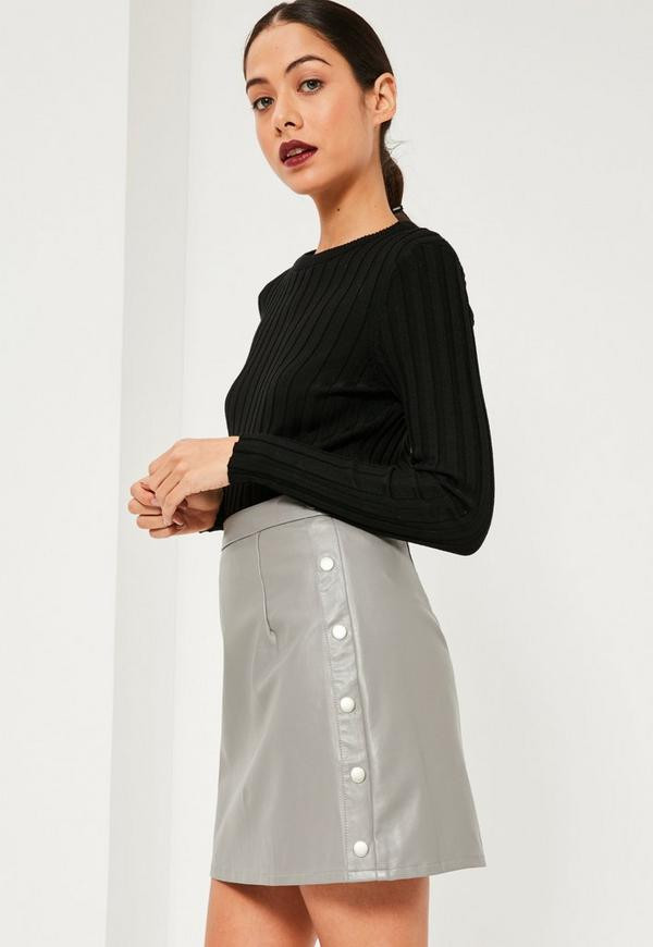 Grey Popper Side A Line Faux Leather Mini Skirt | Missguided (US & CA)