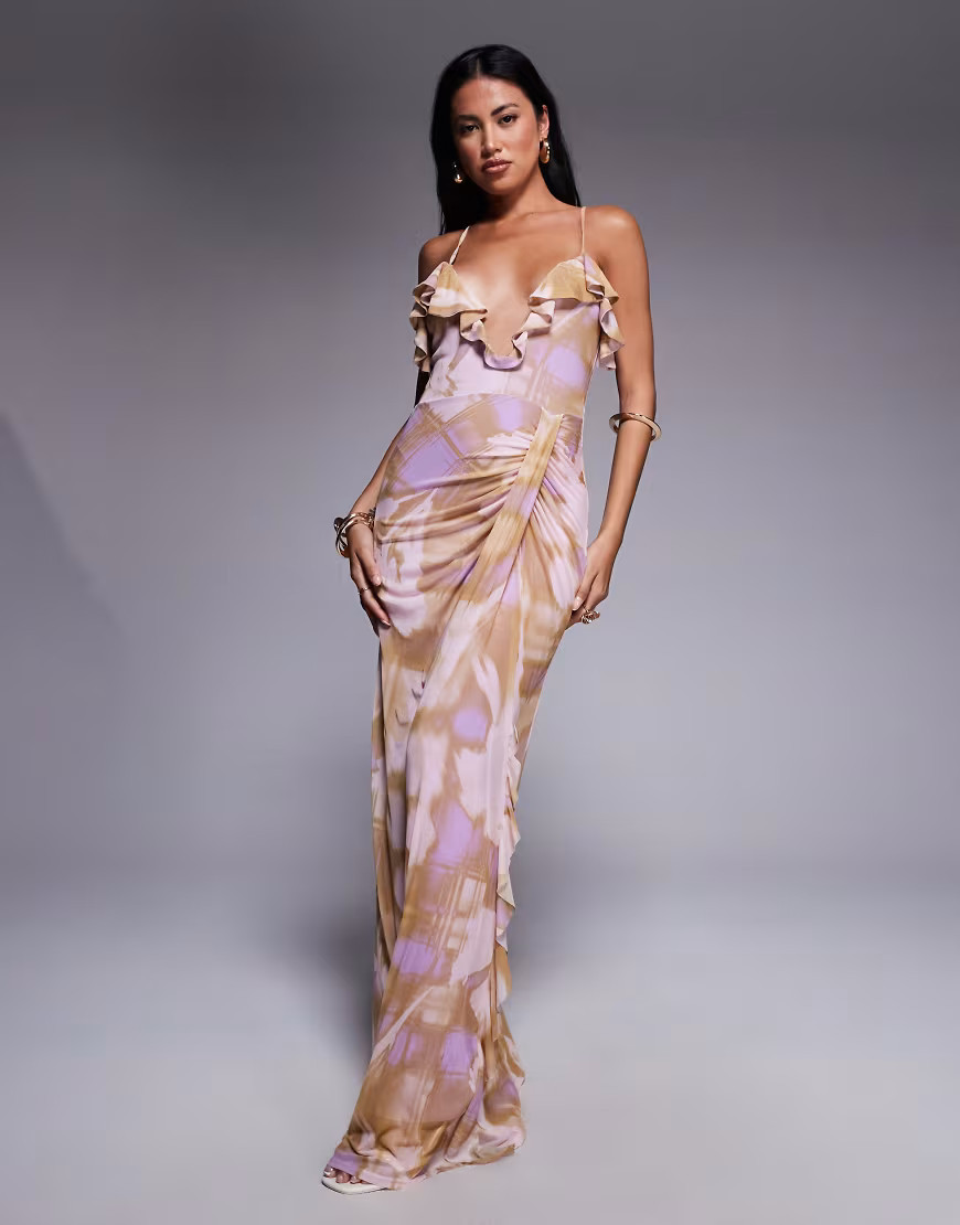 ASOS DESIGN printed mesh ruffle maxi dress with ruched detailing in blurred floral print-Multi | ASOS (Global)