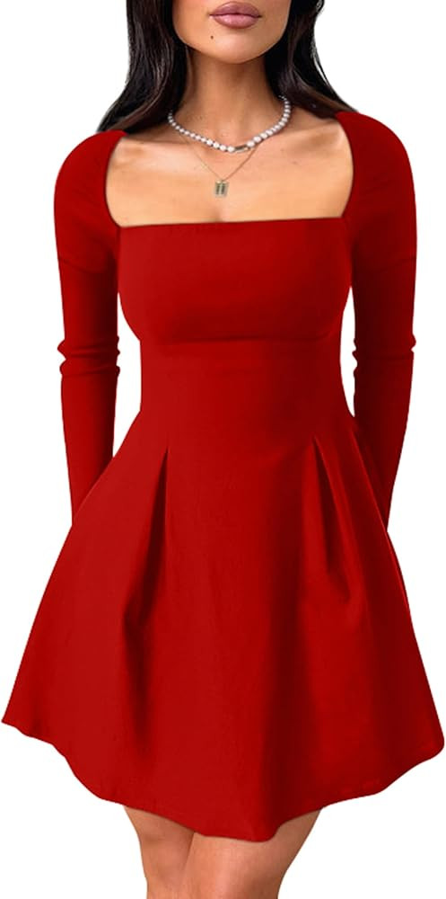 YMDUCH Womens Long Sleeve Red Dress Long Sleeve Mini Dress Formal Mini Dress Amazon Outfits Winter | Amazon (US)