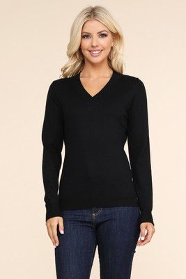 Womens Long Sleeve V-Neck Pullover Sweater With Wide Ribbed Hem Band | eBay US