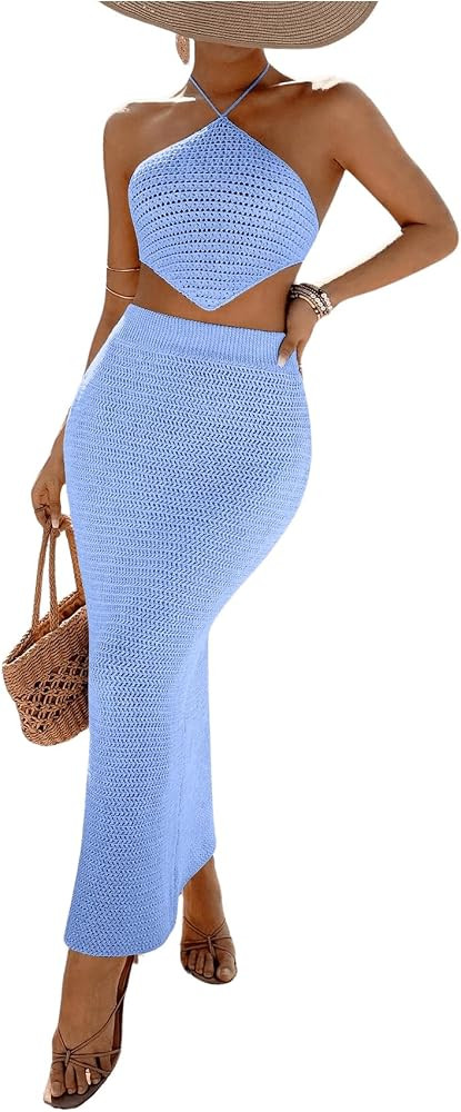 SHENHE Women's Crochet Two Piece Vacation Outfits Backless Halter Crop Top and Maxi Skirt Set | Amazon (US)