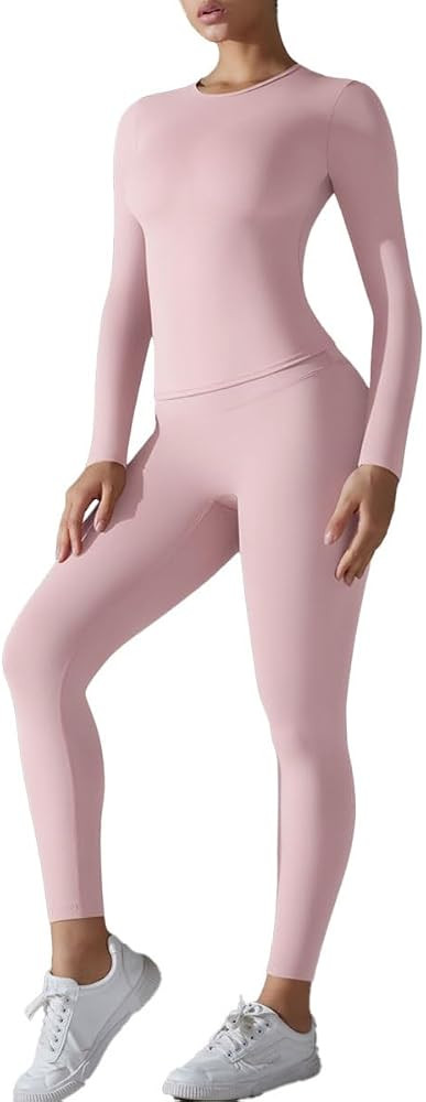Workout Sets for Women 2 Piece Slim Fit Long Sleeve Top High Waist Butt Lift Leggings Exercise Gy... | Amazon (US)