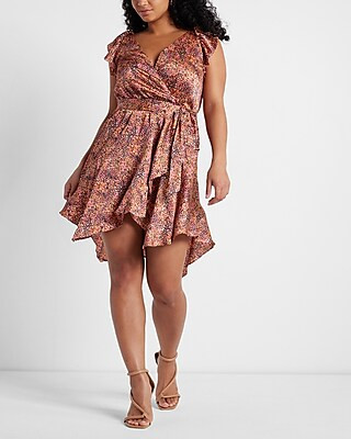 Satin Printed Tie Waist Ruffle Dress | Express