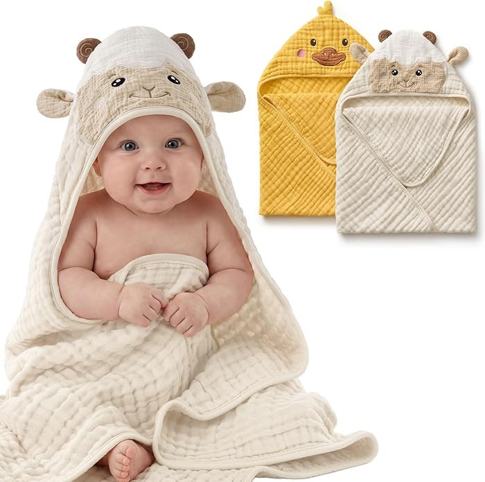 Blissful Diary Muslin Baby Hooded Towel 2 Pack, Soft & Absorbent Bath Towel for Infant, Toddler, Unisex, Baby Gift, Newborn Essentials, Sunny Duck & Gentle Lamb | Amazon (US)