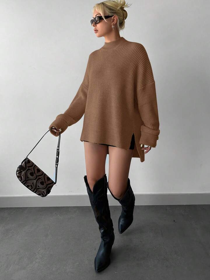 Stand Collar, Dropped Shoulder Sleeves, Short Front And Long Back Women's Sweater | SHEIN