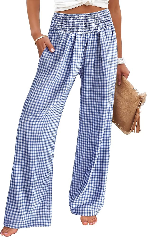 ANRABESS Womens Striped Gingham Palazzo Pants Wide Leg High Waisted Lounge Pajama Pants Cute Casu... | Amazon (US)