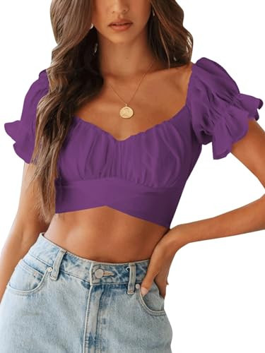 LYANER Women's Cute Ruffle Puff Short Sleeve Tie Back Crop Top Off The Shoulder Cropped Blouse Grape Purple X-Small | Amazon (US)