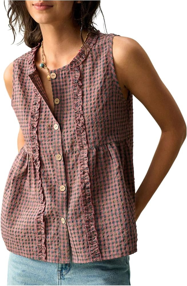 RoseSeek Women's Cute Gingham Button Down Shirts Summer Crew Neck Tank Tops | Amazon (US)