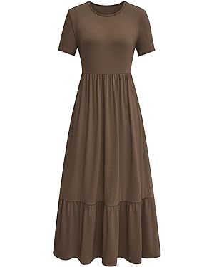 LILLUSORY Womens Short Sleeve Crew Neck Tiered Flowy Swing Midi Dresses with Pockets | Amazon (US)