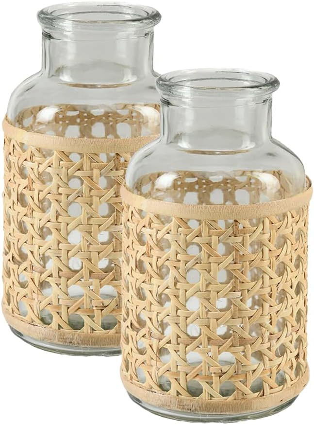 Serene Spaces Living Cottage Cane Wrapped Glass Bottle Vase, Flower Vase, Table Centerpiece, Boho... | Amazon (US)