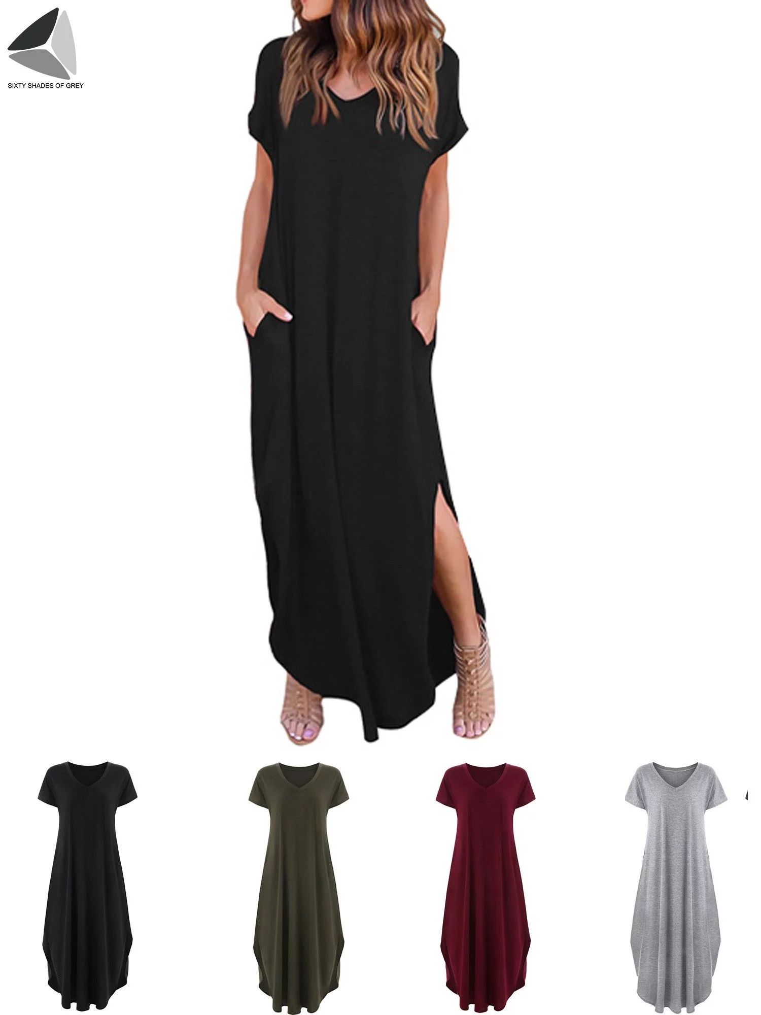 Sixtyshades Women’s Summer Maxi Dresses Casual Short Sleeve Split Dress with Pockets (L, Black) | Walmart (US)