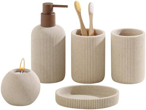 Bathroom Accessories Set, 5 PCS Sandstone Look Stripe Modern Bath Organizer with Soap Dispenser, ... | Amazon (US)