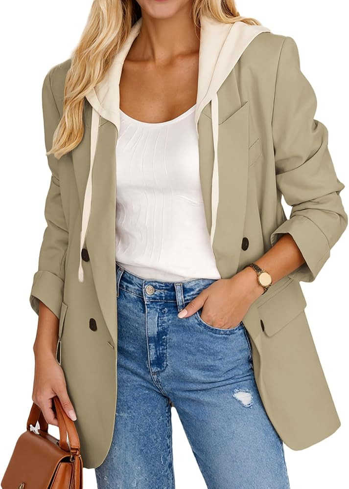 Mina Self 2026 Women's Spring Hooded Blazer Jacket - Double-Breasted Oversize Loose Fully-Lined W... | Amazon (US)