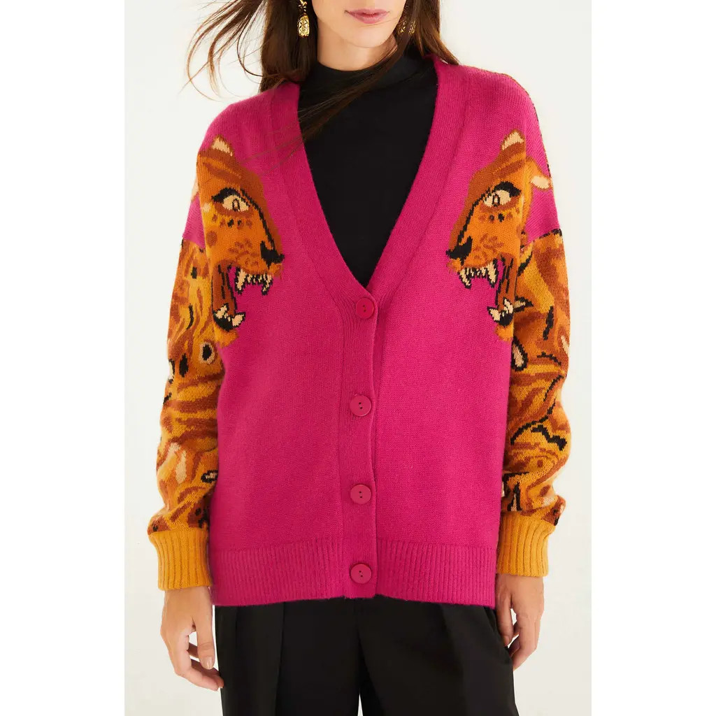 FARM Rio Intarsia Tiger Colorblock Cardigan in Bold Tiger at Nordstrom Rack, Size X-Small | Nordstrom Rack