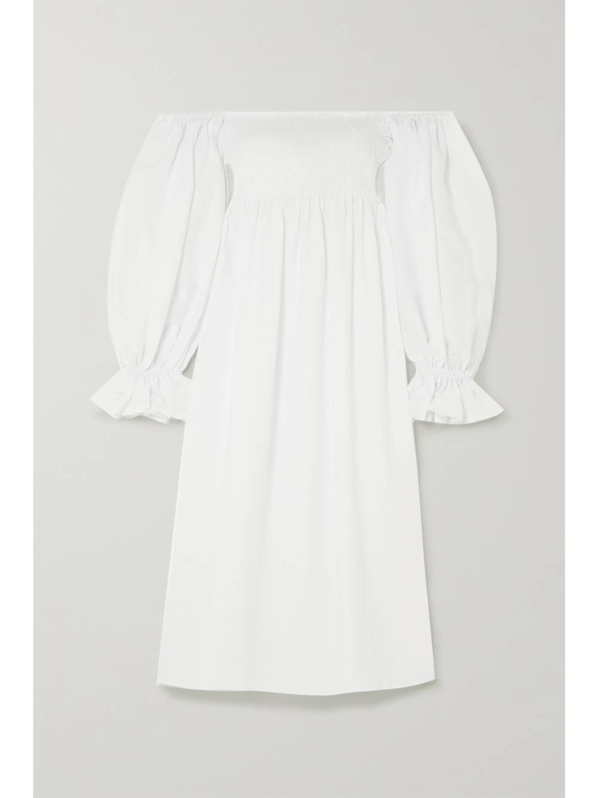 White Atlanta off-the-shoulder shirred linen midi dress | Sleeper | NET-A-PORTER | NET-A-PORTER (US)